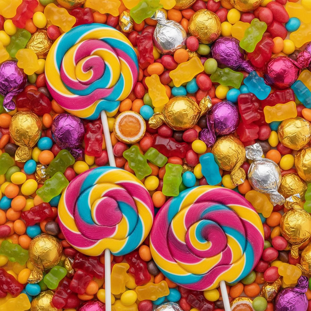 A vibrant mix of imported and bulk candy — swirl lollipops, gummy bears, foil-wrapped chocolates and colorful sweets