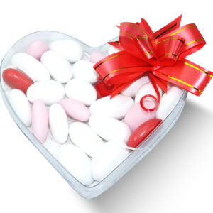 Valentine Italian White And Red Almond Confetti Clear Heart Box w/Bow (5 oz)